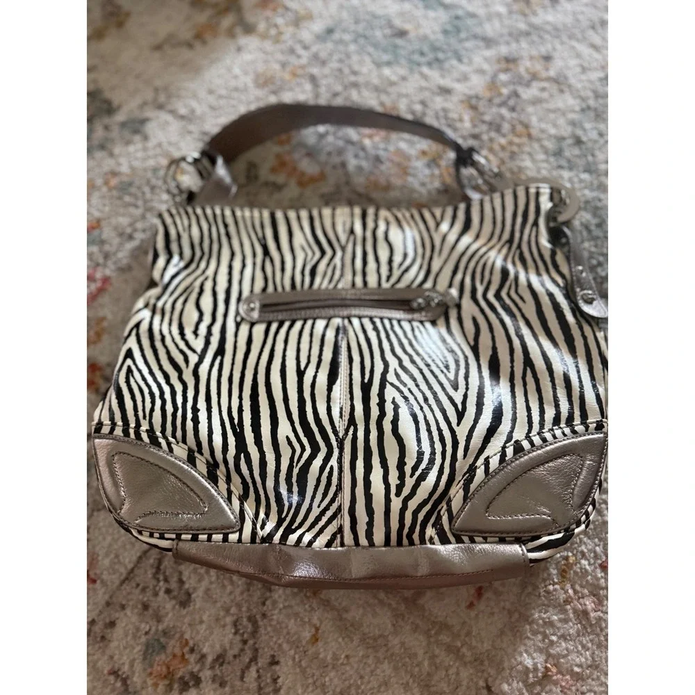 Kathy Van Zeeland Zebra Print Hobo Bag Metallic Pewter Trim Y2K Animal Print